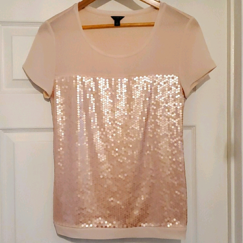 Ann Taylor Silk and Soft Sequin Blouse Tee - Blush